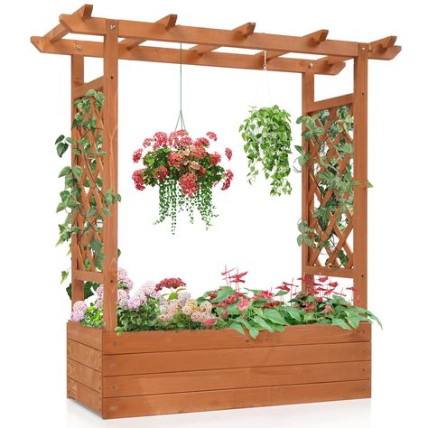 PRICES MAY VARY. 【Garden Bed with Arch Trellis】 The raised garden beds outdoor is designed with a large planter box for cultivating cucumbers, flowers, veggies, etc. Moreover, there exists a hanging roof and 2 side trellises for climbing plants. You can also hang some lights and decorations on it. 【Sturdy Design】 The wood planter with trellis is crafted with 100% natural fir wood and coated with waterproof painting, which is characterized by high strength and weather resistance. You can put some Deck Hanging Planter Boxes, Planter Box Vegetable Garden, Wall Herb Garden Outdoor, Raised Garden Bed With Trellis, Garden Bed With Trellis, Large Raised Garden Beds, Beautiful Raised Garden Beds, Hanging Planter Boxes, Large Planter Boxes