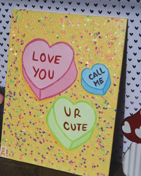 Valentines Day Canvas Painting, Valentines Canvas, Valentine's Candy, Heart Confetti, Conversation Hearts, Painting Party, Valentines Art, Valentine Candy, Canvas Ideas