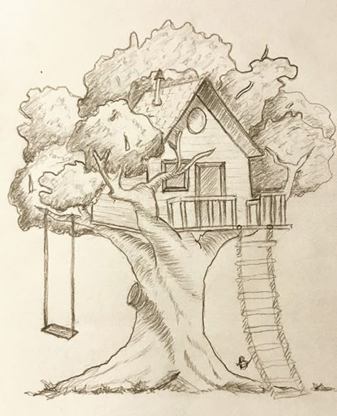 Tree House Sketch Drawings, Fairy Village Drawing Tree Houses, Houses Sketches Drawing, Medium Difficulty Drawings, How To Draw A Tree House, Treehouse Drawing Easy, Treehouse Drawing Simple, Art Drawings Sketches Simple Nature, Easy Nature Sketches