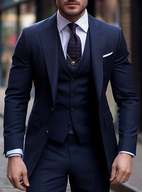 Mens Dress Suits Ideas, Three Piece Suit Mens Navy Blue, Grooms Navy Blue Suit Wedding, Mens Blue Tux Wedding, Mens Suits Outfits, Men’s Wedding Tux Styles, Men’s Blue Suits, Navy Blue Wedding Suit Groom Attire, Best Suits For Men Wedding