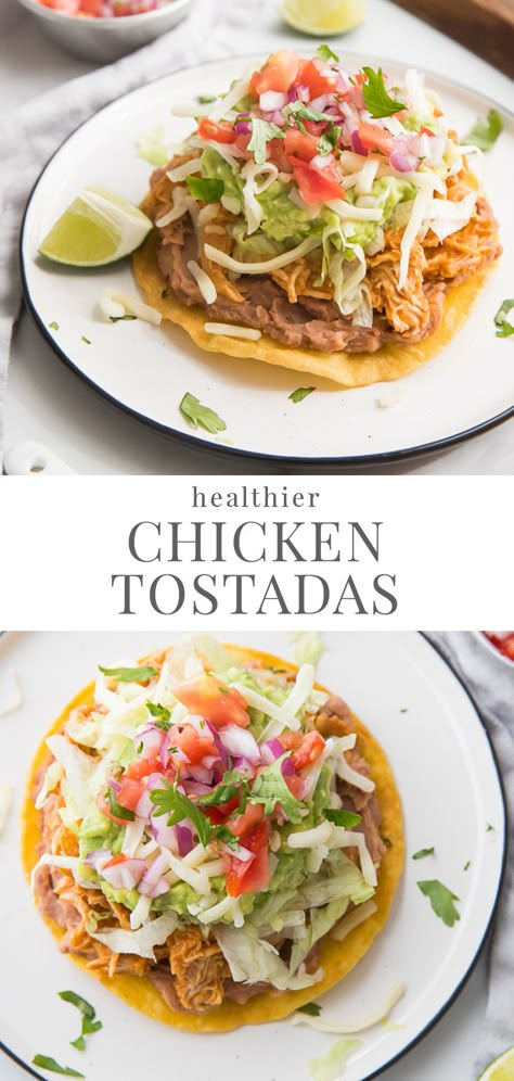 Spanish Meals, Party Meals, Dinner Mexican, Tartiflette Recipe, Free Guy, Tostada Recipes, Chicken Tinga, Healthy Mexican Recipes, Chicken Tostadas