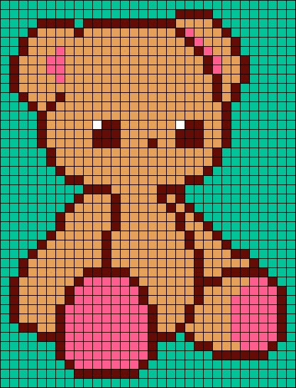 Alpha pattern #129469 | BraceletBook Alpha Pattern Pixel Art, Disney Pixel Art Easy, Teddy Bear Pixel Art, Cute Alpha Patterns, Bear Cross Stitch, Crochet Grid, Kawaii Cross Stitch, Toy Keychain, Crochet Nursery