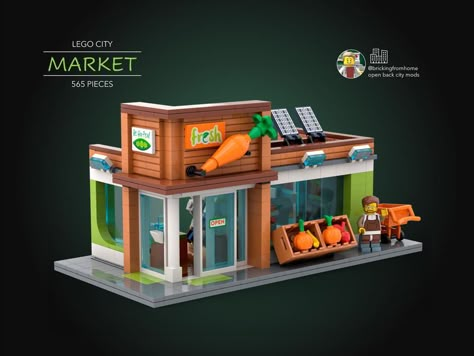 OverviewThis year we added a Fresh Market to our city.  This MOC is a modification of the 2022 grocery store (60347).  It retains some structural... Lego Bus, Lego School, Big Lego Sets, Lego Airport, Lego Design Ideas, Lego Train Tracks, Lego House Ideas, Lego Houses, Lego Furniture