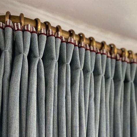 Rachel Alexandra Kershaw on Instagram: "Detail of a Study curtain we fitted last week✨ • The lining fabric is Poulton Stripe @fermoie and which can be seen as a contrast border at the top of the curtain heading, with a skinny dark red braid from @samuelandsons to further emphasise the pleats. • Country house project for @kandhdesignltd ✨ • #curtains #curtainmaker #handsewncurtains #curtaindesign #windowtreatments #luxuryfabrics #handstitched #bespoke #countryhomes #countryhomesandinteriors #luxurydesign #interiordesign #interiorinspiration #fabricinspiration #imella #imelladesign" Plaid Curtains Bedroom, Heritage Interior, Bespoke Curtains, Strip Curtains, Well House, Cottage Curtains, Curtain Trim, Plaid Curtains, Curtain Headings