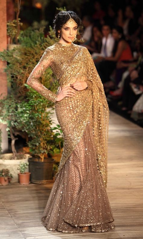 Heavy Beads And Stone Worked Saree With Full Sleeve Blouse Golden Saree Blouse Designs, Sabyasachi Sarees, Golden Saree, Designer Sarees Wedding, Bridal Attire, Indian Bridal Wear, Indian Bridal Outfits, Desi Wedding, Elegant Saree