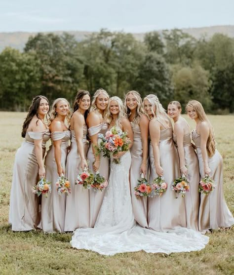 BIRDY GREY 🐥 on Instagram: "🥂🥂 Featuring our satin #MiaDress in Neutral Champagne 🍾 • 📸: @emilyjacksonphoto @jordanpatricia1 #birdyinthewild #BIRDYGREY" Champagne Bridesmaid Dresses Colourful Flowers, Champagne Bridesmaid Dresses With Bright Florals, Champagne Bridesmaid Dresses With Bright Flowers, Neutral Bridesmaid Dresses Colorful Flowers, Champagne Bridesmaid Dresses With Colorful Flowers, Shades Of Champagne Bridesmaid Dresses, Birdy Grey Neutral Champagne, Tan Bridesmaids Dresses, Neutral Champagne Bridesmaid Dresses