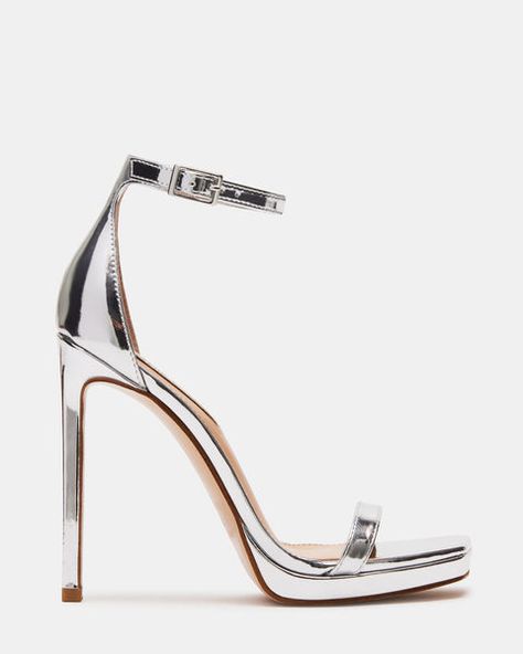 IRIDESSA Silver Square Toe Stiletto Heel | Women's Heels – Steve Madden Stiletto Sandals Ankle Straps, Diesel Heels, Silver Heels Prom, Silver Sandals Heels, Heels Steve Madden, Silver High Heels, Prom Heels, Silver Sandals, Stiletto Sandals