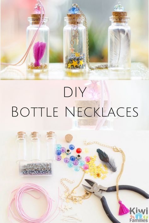 DIY bottle necklaces pin. These are great to make at kids parties. They are easy to make and look great. Bottle Necklace Diy, Glass Bottle Diy, Mini Glass Bottles, Mini Jars, Bottle Jewelry, Bottle Charms, Glass Bottle Crafts, Bottle Necklace, Diy Bottle