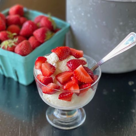 Vanilla Ice Cream with Freshly-Picked Strawberries - Weavers Orchard Peaches And Ice Cream, Ice Cream With Strawberries, Cinnamon Ice Cream Recipe, Fool Recipe, Strawberry Frozen Yogurt, Crema Recipe, Frozen Yogurt Recipes, Strawberry Treats, Cinnamon Ice Cream