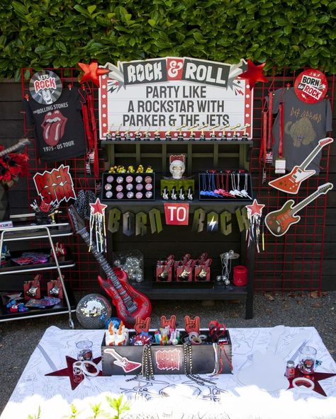 Rock 'n' Roll Birthday Party for Tweens - Fern and Maple Rock N Roll Hall Of Fame Party Ideas, Rock N Roll Photo Backdrop, Rock And Roll Candy Table, Rock And Roll Party Snacks, Rock Roll Decor Party, Rock And Roll Pool Party, Rock And Roll Dessert Table, Rock And Roll Balloon Garland, Food For Rock And Roll Party