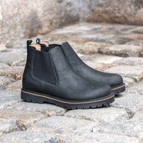 Chelsea Boots Birkenstock, Rugged Leather Chelsea Boots, Masculine Ankle Chelsea Boots For Fall, Rugged Black Chelsea Boots For Outdoor, Black Rugged Ankle Chelsea Boots, Birkenstock Boots, Black Birkenstock, Fall Winter Shoes, Minimal Wardrobe