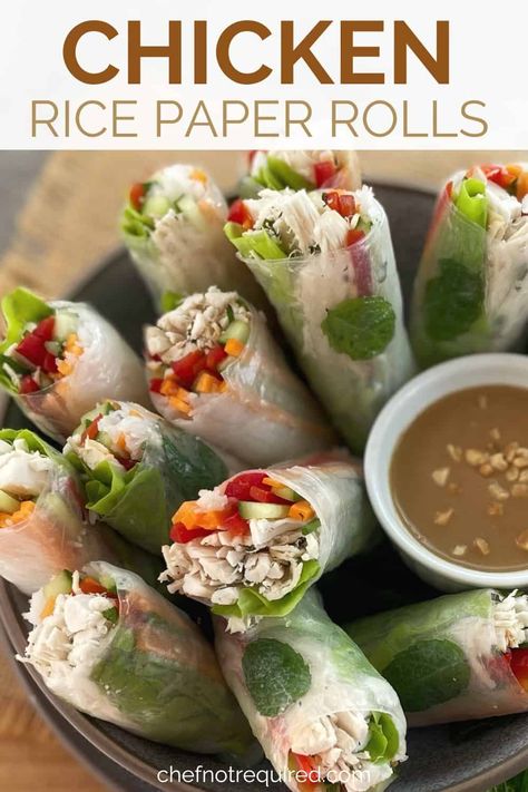 Make your own chicken rice paper rolls at home with my easy recipe! Using rotisserie chicken means these chicken summer rolls are no-cook too. Packed with plenty of fresh veggies, they also have a yummy peanut sauce for dipping. Chicken Summer Rolls, Recipe Using Rotisserie Chicken, Rice Paper Rolls Recipe, Chicken Rice Paper Rolls, Rice Paper Rolls Recipes, Using Rotisserie Chicken, Rice Paper Recipes, Rice Paper Wraps, Recipes Using Rotisserie Chicken