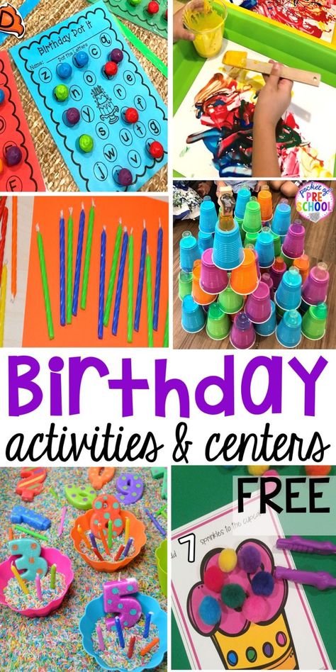 Birthday theme activities and centers preschool, pre-k, and kinder students will LOVE! FREE play dough mats too. #birthdaytheme #preschool #pre Preschool Birthday Activity, Birthday Party Kindergarten, Preschool Birthday Party Theme, My Birthday Preschool Activities, Preschool Birthday Theme Activities, Birthday Party Preschool Activities, Birthday Activity For Preschoolers, Celebrations Preschool Activities, Birthday Party Theme Preschool