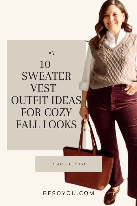 See 10 different sweater vest outfits that work for warmer fall days, polished work looks, and even nights out. Ladies Sweater Vest Outfit, Pull Over Vest Outfits For Women, What To Wear With Sweater Vest, How To Wear Sleeveless Sweater, What To Wear Under Sweater Vest, Styling A Sweater Vest Women, Burgundy Sweater Vest Outfit, Brown Sweater Vest Outfits For Women, Styling Sweater Vest Women