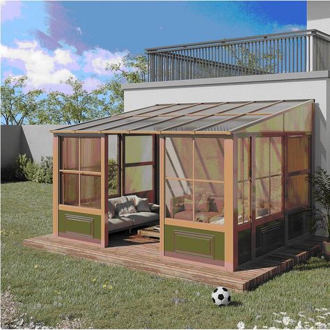 Add fun to your outdoor space with this wall mounted solarium sunroom. This extension will provide you with a space for your beloved family and friends to gather, dine and relax, or it can be the perfect place for your spa. This addition to your outdoor living space will shelter you from the elements for years to come while adding value to your property. The unit can be left in place all year round, saving you the hassle of installing and removing it at the end of the season. Constructed from an aluminium frame, this wall-mounted solarium features elegantly reinforced roof panels and sliding doors. The Richryce solarium has been carefully designed to withstand rain, snow and UV rays. Huge Outdoor Living Space, Patio Enclosure Ideas On A Budget, Solarium Room Sunroom Addition, Japanese Patio, Enclosed Patio Ideas, Entry Patio, Camping Gazebo, Aluminum Gazebo, Diy Backyard Patio