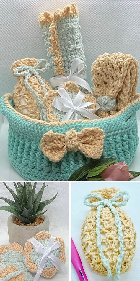 Homemade Spa Gifts, Spa Set Crochet Pattern Free, Crochet Spa Set Pattern, Crochet Gift Sets Ideas, Crochet Spa Set, Crochet Spa Set Pattern Free, Spa Set, 4mm Crochet Hook, Spa Gifts Set