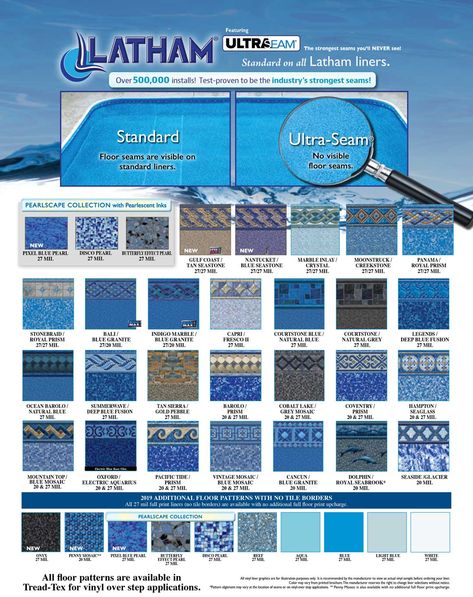 Latham Pool Ultra Seam Vinyl Swimming Pool Liners - the strongest liners you'll NEVER see! Visit our website to see our current collection of patterns. Pool Liners Inground, Vinyl Pools Inground, Inground Pool Covers, Inground Pool Cost, Vinyl Swimming Pool, Latham Pool, Swimming Pool Liners, Pool Porch, Beach Entry Pool