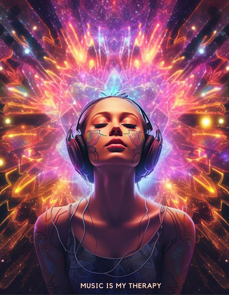 A digital art portrait of a woman listening to music on headphones Power Of Music Art, Music Fantasy Art, Ethereal Music, Therapy Design, Music Is Therapy, Video Effect, Music Is My Therapy, Spiritual Music, The Moon Phases