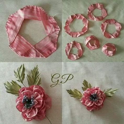 Satin Ribbon Embroidery, Silk Ribbon Embroidery Tutorial, Sulaman Pita, Ribbon Flowers Diy, Silk Ribbon Embroidery Patterns, Ribbon Flower Tutorial, Making Fabric Flowers, Ribbon Embroidery Tutorial, Fabric Flower Tutorial