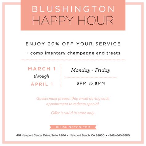 Pop the cork! Join us this month for our HAPPY HOUR special at #Blushington #FashionIsland! Tropical Spa, Salon Promotions, Hair Salon Marketing, Ad Ideas, Happy Hour Specials, Business Promo, Esthetician Room, Spa Ideas, Hair Quotes