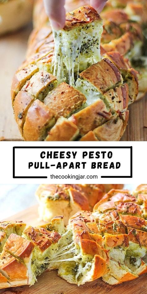 There’s plenty of cheese action in this cheesy pesto pull-apart bread. Feed a crowd with this easy 4 ingredient appetizer. Cheesy Pesto Pull Apart Bread, Basil Pesto Bread, Pull Apart Bread Appetizer, Cheesy Pesto Bread, Pull Apart Cheese Bread, Cheese Pull Apart, Pull Apart Garlic Bread, Cheesy Pull Apart Bread, Thanksgiving Bread