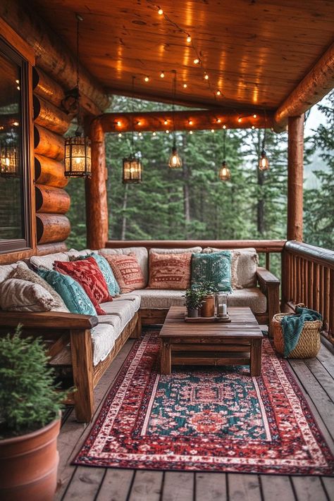 29 Little Cabin Decor Ideas For A Refreshing Cabin Transformation - Courtneys World Lodge Decking Ideas, Log Cabin Outdoor Decor, Porch In The Woods, Porch Living Room Ideas, Lake House Deck Decor, Lake House Porch Ideas, Cabin Outdoor Ideas, Cabin Screen Porch, Western Outdoor Decor