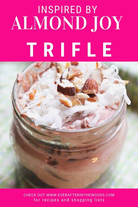 This almond joy inspired trifle is just what you've been looking for, what a delicious treat! Pudding Chocolate Cake, Coconut Almonds, Individual Desserts, Almond Joy, Chocolate Cake Mixes, Chocolate Almonds, Cool Whip, Chocolate Pudding, Trifle