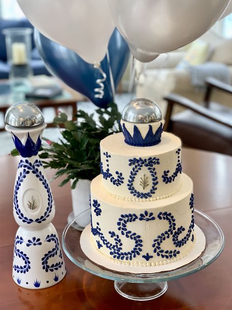 Cruz Azul Party Ideas, 40th Birthday Tequila Theme, Casa Azul Tequila Theme Party, Blue And White Mexican Party, Clase Azul Party Ideas, Papel Picado Cake, Talavera Cake Ideas, Clase Azul Birthday Theme, Mexican Graduation Cake