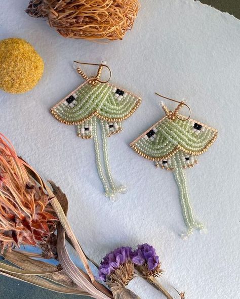 Studio Ghibli Beaded Earrings, Luna Moth Beaded Earrings, Luna Moth Earrings, Beaded Earring Tutorial, 10 Percent Off, Luna Moths, Seed Bead Art, Beadwork Ideas, Seed Bead Projects