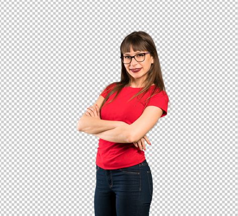 Mujer con gafas con los brazos cruzados ... | Premium Psd #Freepik #psd #personas #mujer #chica #cara Woman With Glasses, College Flyer, Pointing Finger, Photo Reference, Womens Glasses, Flyer Design, T Shirts For Women, V Neck, Black And White