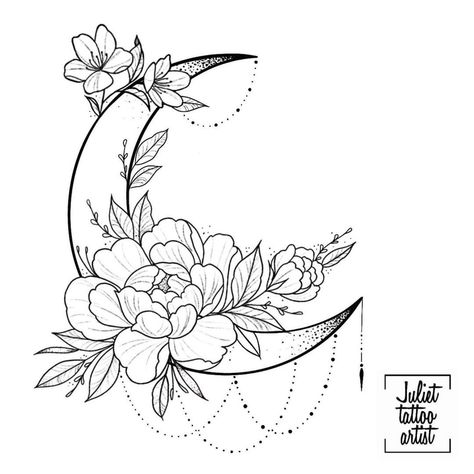 Flower And Moon Tattoo Designs, Mirror Image Tattoo, Aster Flower Moon Tattoo, Moon Tattoo Sleeve Women, Half Moon Flower Tattoo, Small Moon And Flower Tattoo, Intricate Moon Tattoo, Thigh Moon Tattoo, Crescent Moon And Flower Tattoo