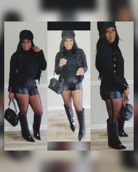 Black Shorts With Fishnets Outfits, Leather Shorts And Fishnet Outfit, Black Shorts With Fishnets, Black Leather Shorts Outfit Winter, Shorts With Tights Outfit Black Women, Black Mini Skirt And Fishnets, Jean Skirt With Fishnet Tights, Leather Shorts And Boots Outfit, Leather Shorts With Tights