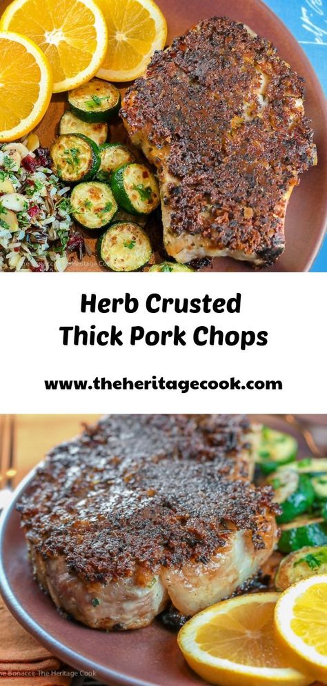 Herb Brined and Crusted Thick Cut Pork Chops (Gluten-Free) • The Heritage Cook ® Herb Crusted Pork Chops, Double Cut Pork Chop Recipes, Double Cut Pork Chops, Thick Cut Pork Chop Recipes, Tomato Basil And Mozzarella, Pork Ideas, Cabbage Lasagna, Thick Cut Pork Chops, Menstrual Phase