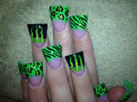 A must have Monster nails Fan Nails Wide, Monster Energy Nails Designs, Wide Square Acrylic Nails, Scene Emo Nails, Trashy Y2k Duck Nails, Supercross Nails, Scene Kid Nails, Monster Energy Nails, Scene Nails Emo