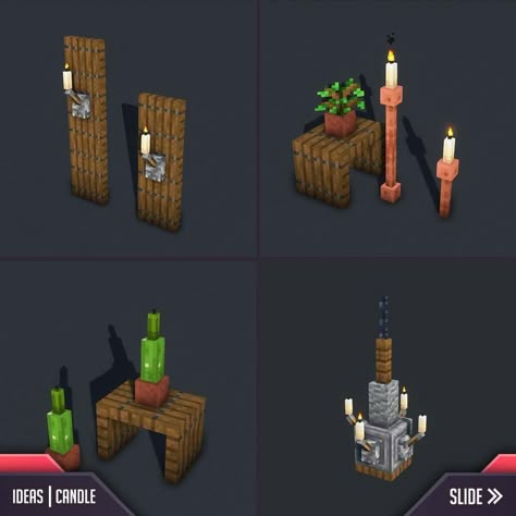 Gama on Instagram: “Four vanilla ways to use candle in Minecraft!😃 ⚠️Original Content ! Repost is allowed with mentions. ▬▬▬ [ ignore ] ▬▬▬ #minecraft…” Minecraft Build Decoration, Minecraft Shoe Rack, Minecraft Furniture Designs, Minecraft Interior Lighting, Useful Things To Build In Minecraft, Spooky Minecraft Decor, Minecraft House Decoration Ideas, Minecraft Details Ideas, Minecraft Light Design