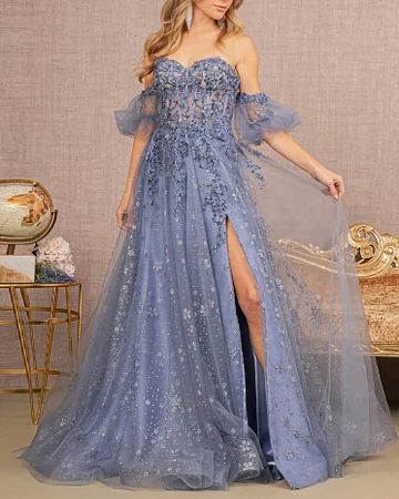 2023-Floral Wedding Dress Puff Sleeve Gown, Smoky Blue, Corset Boning, Affordable Prom Dresses, Dress Guide, Glitter Print, Strapless Gown, Women Formals, Mesh Sleeves