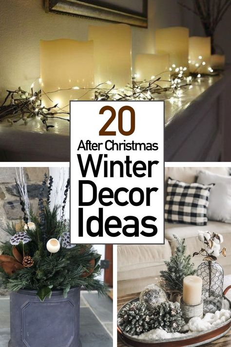 Winter Orderves, Oak Mantel Decorating Ideas, Winter Decor For Mantle, Winter Tabletop Decor Ideas, Winter Snow Decorations, January Farmhouse Decor, Winter Decor Non Christmas, Indoor Winter Decorating Ideas, After Holiday Decorating Ideas