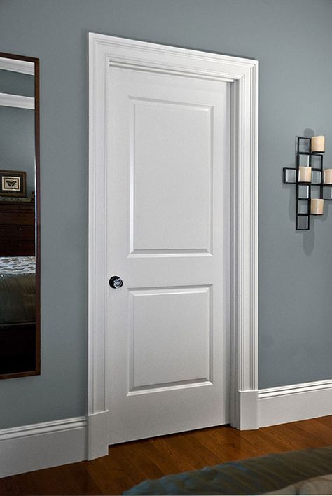 Moulding makes a difference - 2-panel molded door from Masonite @hornermillwork Baseboard Styles, Vstupná Hala, Oak House, Interior Door Trim, Baseboard Trim, Staircase Remodel, White Door, Door Casing, Door Molding