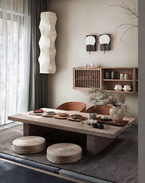 Modern Asian Home Decor, Japandi Tea Room, Zen Dining Room, Tea Room Interior, Japanese Dining Room, Zen Interiors, Casa Cook, Zen Home Decor, Style Dining Table