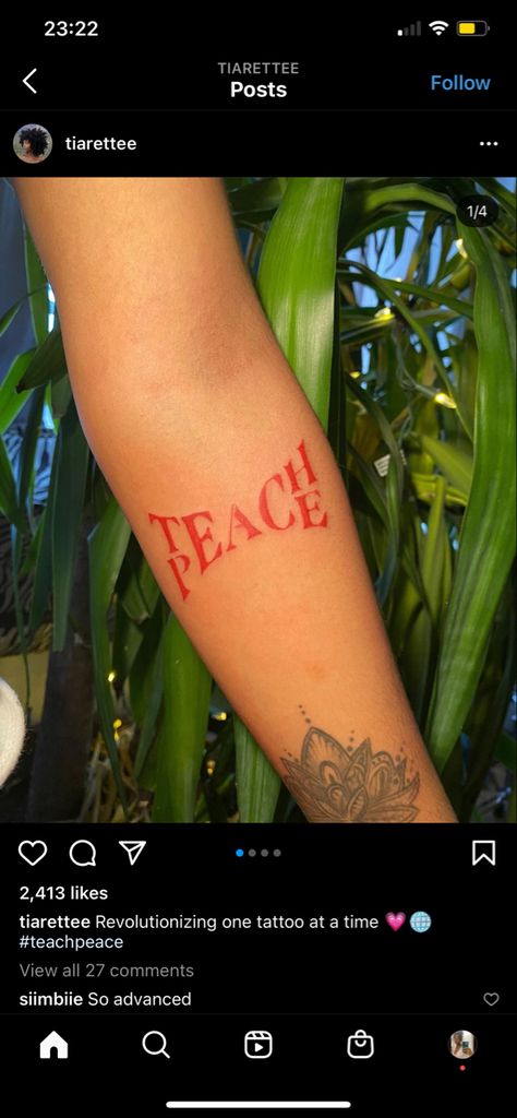 Peace Teach Tattoo, Tattoo Side Arm, Teach Peace Tattoo, Tattoo Side, Peace Tattoo, 777 Tattoo, Peace Tattoos, Side Neck Tattoo, Hippie Tattoo