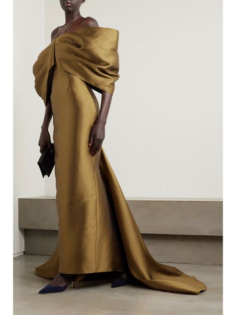 SOLACE LONDON Delphina off-the-shoulder draped metallic satin-twill gown | NET-A-PORTER Formal Off Shoulder Dress, Mother Of The Bride Gold Dresses Long, A Line Long Sleeve Dress, Gold Satin Outfit, Black Woman Gold Dress, Burgundy Formal Dress Evening Gowns, Bold Wedding Guest Outfit, Beaded Long Dress, Yellow Gala Dress