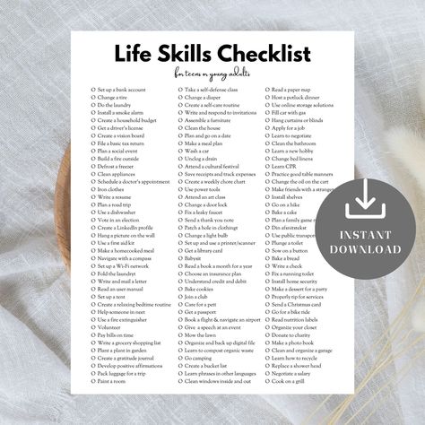 Life Skills Checklist for Teens and Young Adults Are you or someone you know about to embark on the journey of independent living? The transition can be thrilling but also daunting. Our Life Skills Checklist is designed to make this leap easier and more manageable! Packed with 120 essential skills, this checklist covers everything a young adult needs to know, from cooking and cleaning to auto maintenance, financial management, career readiness, and much more. Each skill has been thoughtfully sel Life Skills For Adults In Recovery, Independent Living Skills Activities Adults, Life Skills For Adults, Junior High Life Skills, Life Skills List Before College, Life Skills Checklist, Life Skills For Teens, Life Skills For Kids, Independent Living Skills