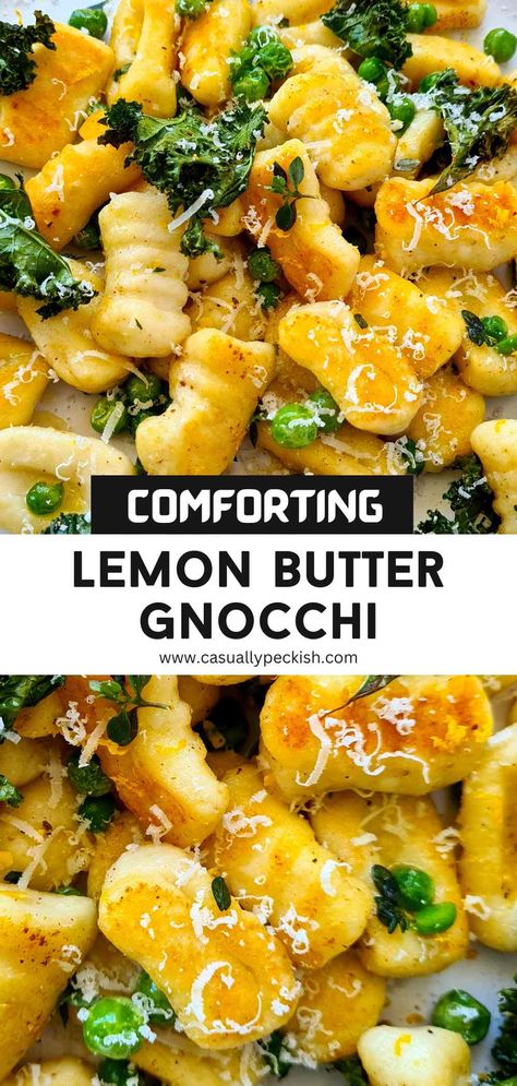 Close up of golden gnocchi with captions Gnocchi In Butter Sauce, Lemon Pepper Gnocchi, Gnocchi Dishes Vegetarian, Savoury Lemon Recipes, Gnocchi Lemon Butter Sauce, Gnocchi Recipes Lemon, Gnocchi Recipes Broccoli, Light Gnocchi Recipes, Lemon Butter Gnocchi