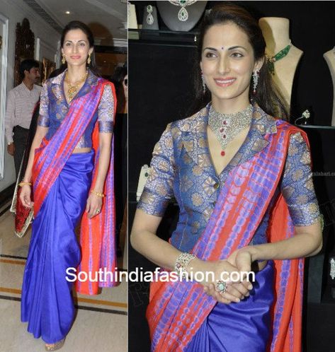 shilpa reddy saree jacket photo Shilpa Reddy, Saree Jacket, Simple Blouses, Long Blouse Designs, Saree Draping, Sari Blouse Designs, Plain Saree, Indian Saree Blouse, Indian Saree Blouses Designs