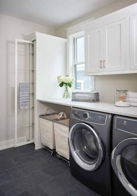 Laundry Upstairs, Upstairs Laundry Room, Upstairs Laundry, Rolling Laundry Basket, Recessed Panel Cabinets, Laundry Ideas, White Laundry, Mudroom Laundry Room, Mud Rooms