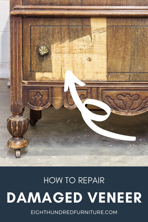 How to Fix Damaged Veneer on Furniture - Jennifer Baker Creative Repairing Veneer On Furniture, Restore Vintage Furniture, How To Repair Veneer On Furniture, Repair Veneer On Furniture, How To Fix Chipped Wood Veneer, Replacing Veneer On Furniture, Redo Veneer Furniture, Fixing Veneer On Furniture, Painted Antique Furniture Ideas