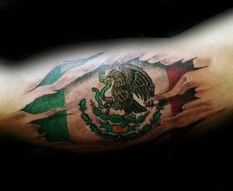 Mexican Eagle Flag Mens Bicep Tattoos With Ripped Skin Design Mexican Eagle Tattoo, Mexican Flag Tattoos, Eagle Tattoo Designs, Mexico Tattoo, Mayan Tattoos, Mexican Eagle, Mexican Tattoo, Usa Tattoo, Mexican Art Tattoos