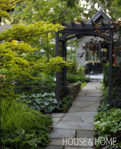 Black Arbor, Sitting Garden, Manicured Garden, Bluestone Walkway, Black Pergola, Luxurious Garden, Garden Goals, Front Walkway, Zone 7