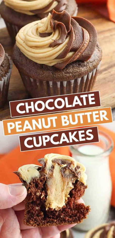 Chocolate Peanut Butter Cupcakes - These Chocolate Peanut Butter Cupcakes have a homemade chocolate cupcake that's filled with a thick, creamy peanut butter filling and topped with a swirl of chocolate peanut butter frosting. It's perfect for the fellow chocolate peanut butter lovers out there! #cookiedoughandovenmitt #cupcakes #chocolatepeanutbutter #dessertrecipes Butter Cupcake Recipe, Chocolate Peanut Butter Cupcakes, Peanut Butter Cupcakes, Butter Cupcakes, Cupcakes Decorados, Brownie Desserts, Peanut Butter Frosting, Peanut Butter Filling, Butter Frosting