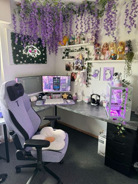 Purple Gaming Set Up Aesthetic, Egirl Gaming Setup, Blue And Purple Gaming Setup, Aesthetic Gamer Bedroom, Cute Pc Gaming Setup, Female Gamer Room Ideas, His And Hers Desk Setup, Gamer House Decor, Green And Purple Gaming Setup